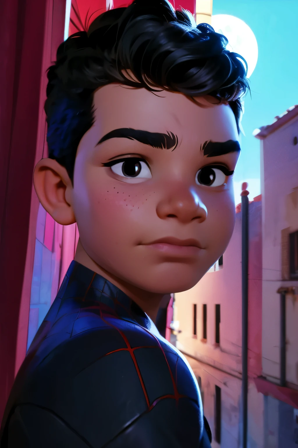 Close-up face, Thoe, ((a boy, ***)), Marvel Comic Panel Drawing: A boy with black eyes, in Dynamic pose, short black hair , over The building under The moonlight, spiderman suit in a city with a fixed gaze 