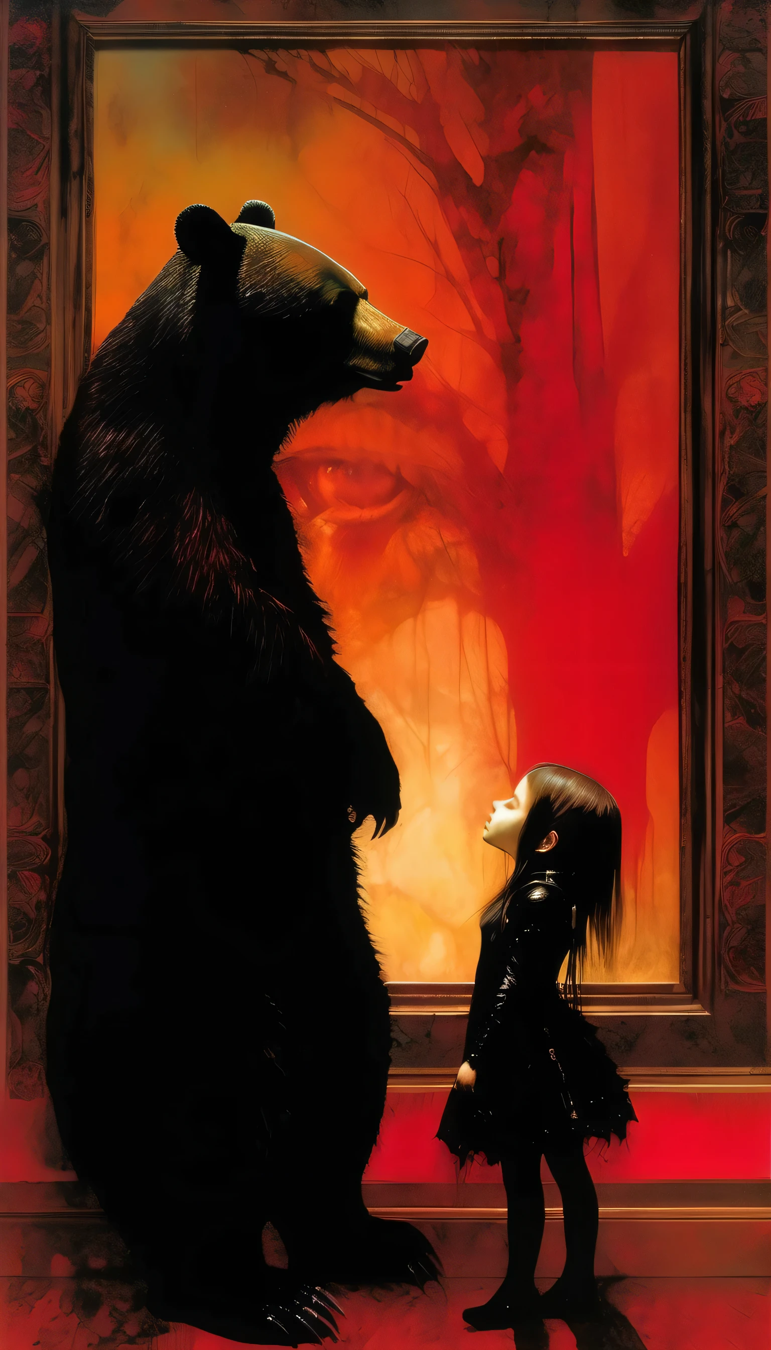 Alone,1girl, Girl in black gothic clothing、From the bottom angle、((She is very happy)), ​A large bear is glaring at the viewer next to him.、Red gradient background、masterpiece, high resolution, top-quality, Dave McKean inspired artwork, Intricate details, oil
