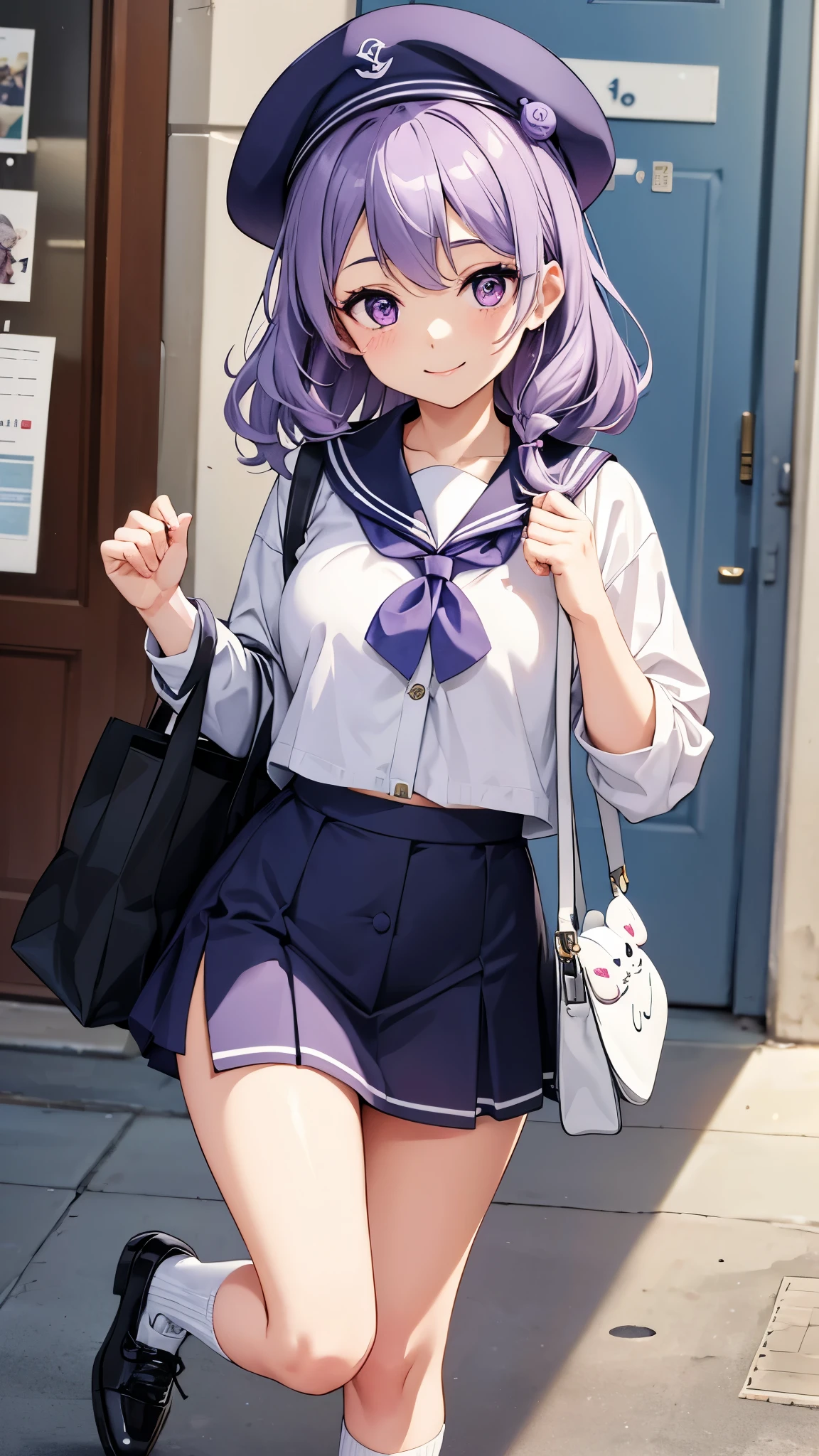 This female character has short, wavy lavender hair., Wearing a sailor style hat. has purple eyes, Have a confident smile. She is wearing a sailor-style outfit with black and white and a gray cardigan., She is wearing white socks that reach her calves and cute black shoes.. She is striking a cool pose with a cute rabbit doll bag as an accessory, carried on her hips.. In the background is written in beautiful cursive &#39;PLAN.There is B SongBam&#39;.