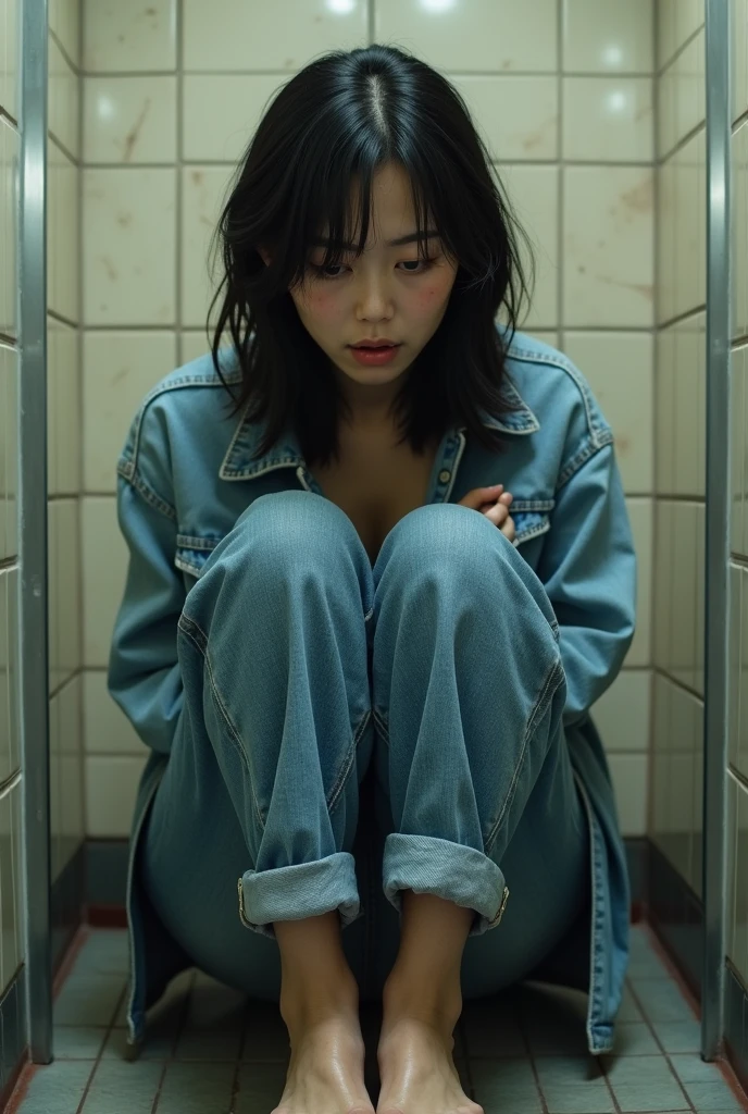 (8k, RAW photos, best quality, masterpieces, : 1.2), (realistic, photorealistic: 1.37), 17-year-old Japan girl with a sad face of homeless, sad expression of despair, sitting on the floor depressed, poor, dirty room littered with garbage, torn and dirty tattered dirty clothes, exposed plain clothes, torn fabric, collarbone, no bra, cotton panties, leg panties, Torn micropants, dirty hair, dirty face, dirty skin, wet skin, muddy skin, muddy feet, bare feet, small breasts, cleavage, unkempt hair, sweat, sweat drops, tan, close-up, from below, old kitchen, tile fragments, dark ruins, messy rooms, broken dolls, trash cans, top quality, ultra high resolution, physically based rendering, cinematic lighting, Complex and cinematic look, messy room, photorealistic, cowboy shot, dynamic angle