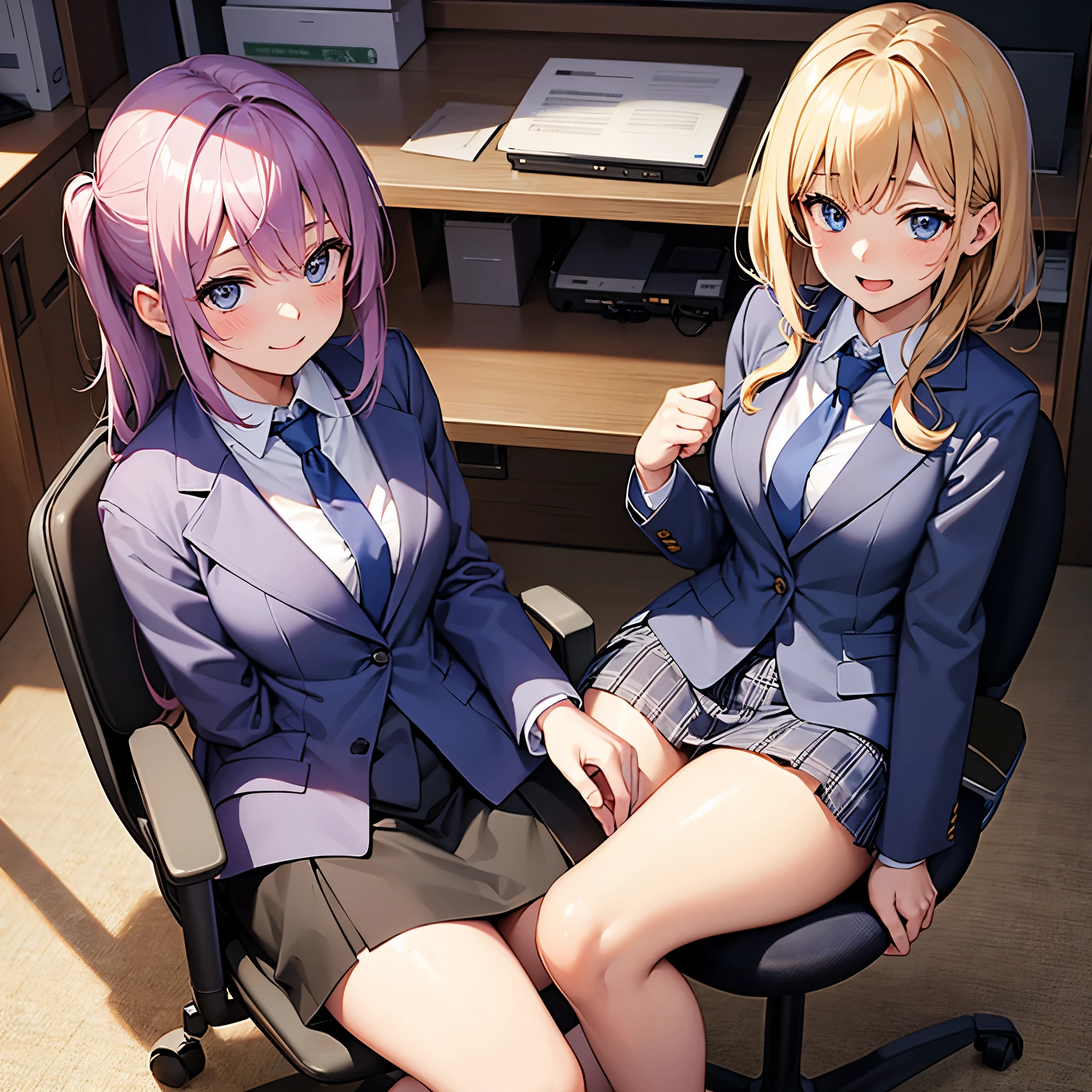 Top quality, masterpiece, High resolution, (Head to toe full body), front, frontComposition from slightly below, Symmetric, Tall 18 year old girl, alone, (Head to toe), (mediun breasts), Unkempt pink hair, bangs, (black tights), (Black Pantyhose), (Sit with your legs apart), (Crouching pose), (A composition showing white panties), (Her legs were spread、I see your white pants.), (I was made to sit on the floor with my legs spread..), (M-shaped legs), Thin legs, A very beautiful and tall 18 year old girl, (No shoes), blush, Shy big eyes, looking at the camera, Blazer Uniform, Checkered Pleated Skirt、Megumi Kato