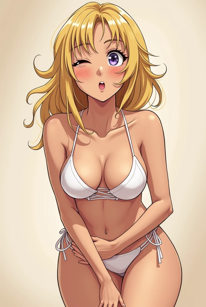 Draw a girl anime version light skin tone blonde hair,eyes the color of honey ,in pink thong underwear