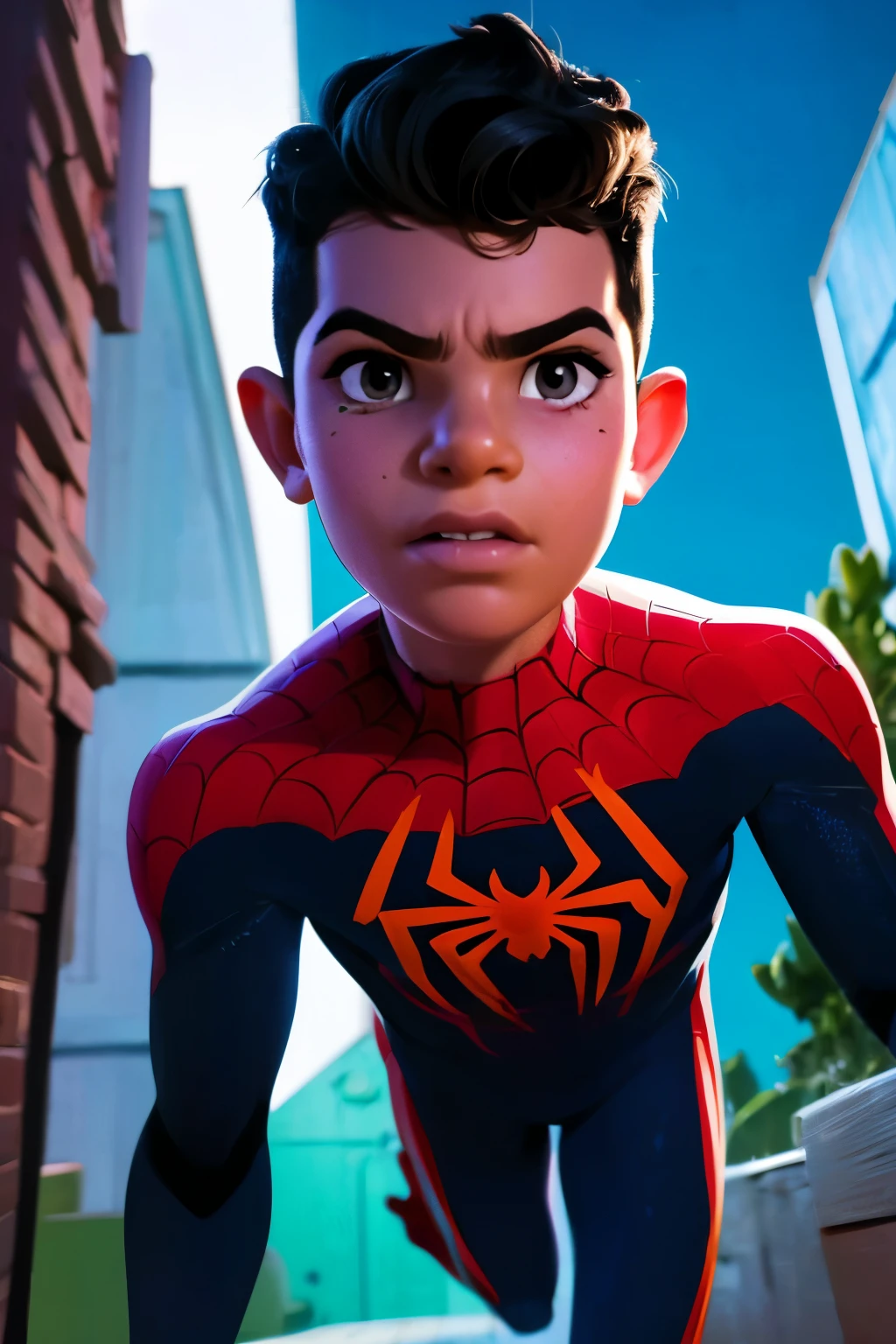 Close-up face, Thoe, ((a boy, 6)), Marvel Comic Panel Drawing: A boy with black eyes, in Dynamic pose, short black hair , over The building under The moonlight, spiderman suit in a city with a fixed gaze 