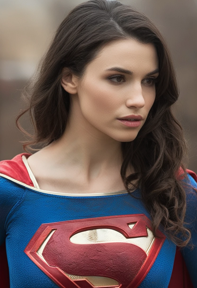 professional full upper body captured slight close-up  photo of Grccrlncrry woman, sexy and badass Kryptonian , looking at the camera, highly detailed, skin texture , cosplaying as supergirl ( detailed face,detailed body proportions )