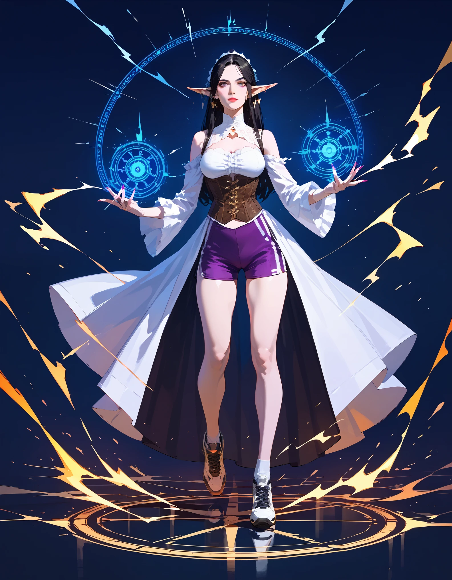 score_9, score_8_up, score_7_up, score_6_up, score_5_up, score_4_up, (masterpiece, best quality:1.2), highly detailed, illustration, mature woman, elf ears, black hair, skinny body, wearing a white corset, violet shorts, sports shoes, magic circles and lightning sparks around her