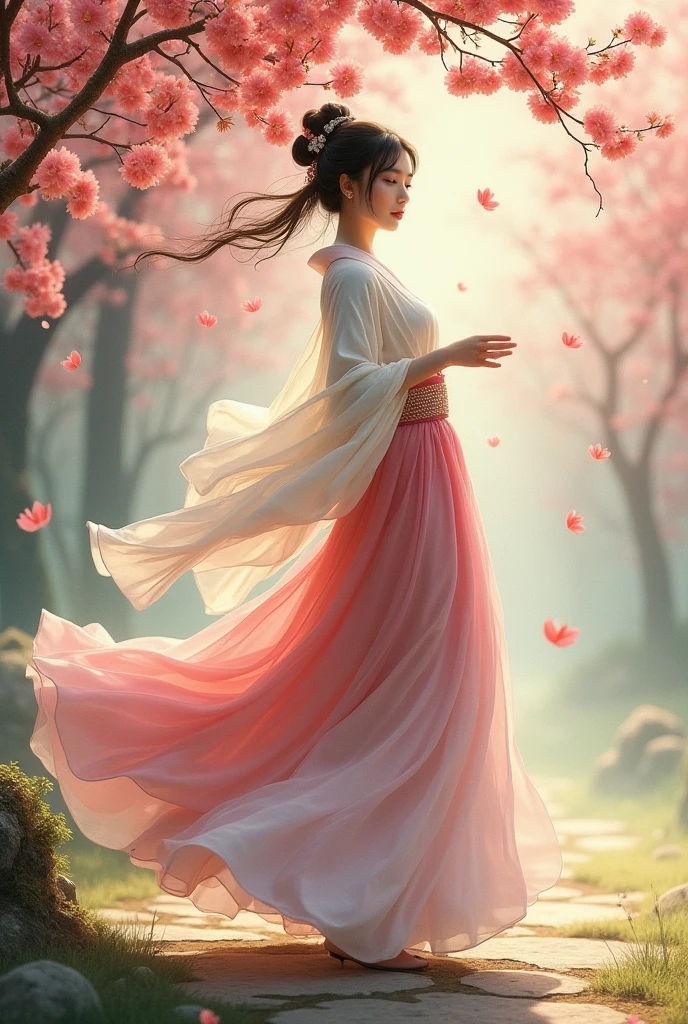 Full-body shot in the wind, the stars blowing small white flower petals. Full-body shot of a beautiful, sweet young woman, 25 years old, wearing a sweet pink and purple Dusit Thai dress, a gold sarong, a white silk shawl, glowing and sparkling, long black hair, tied loosely, wearing a necklace and earrings adorned with pink diamonds. The scene is beautiful like a dream, a white and pink jasmine garden, a small, beautiful stream, glowing and sparkling light. Three-dimensional image, oil painting, sharp image.