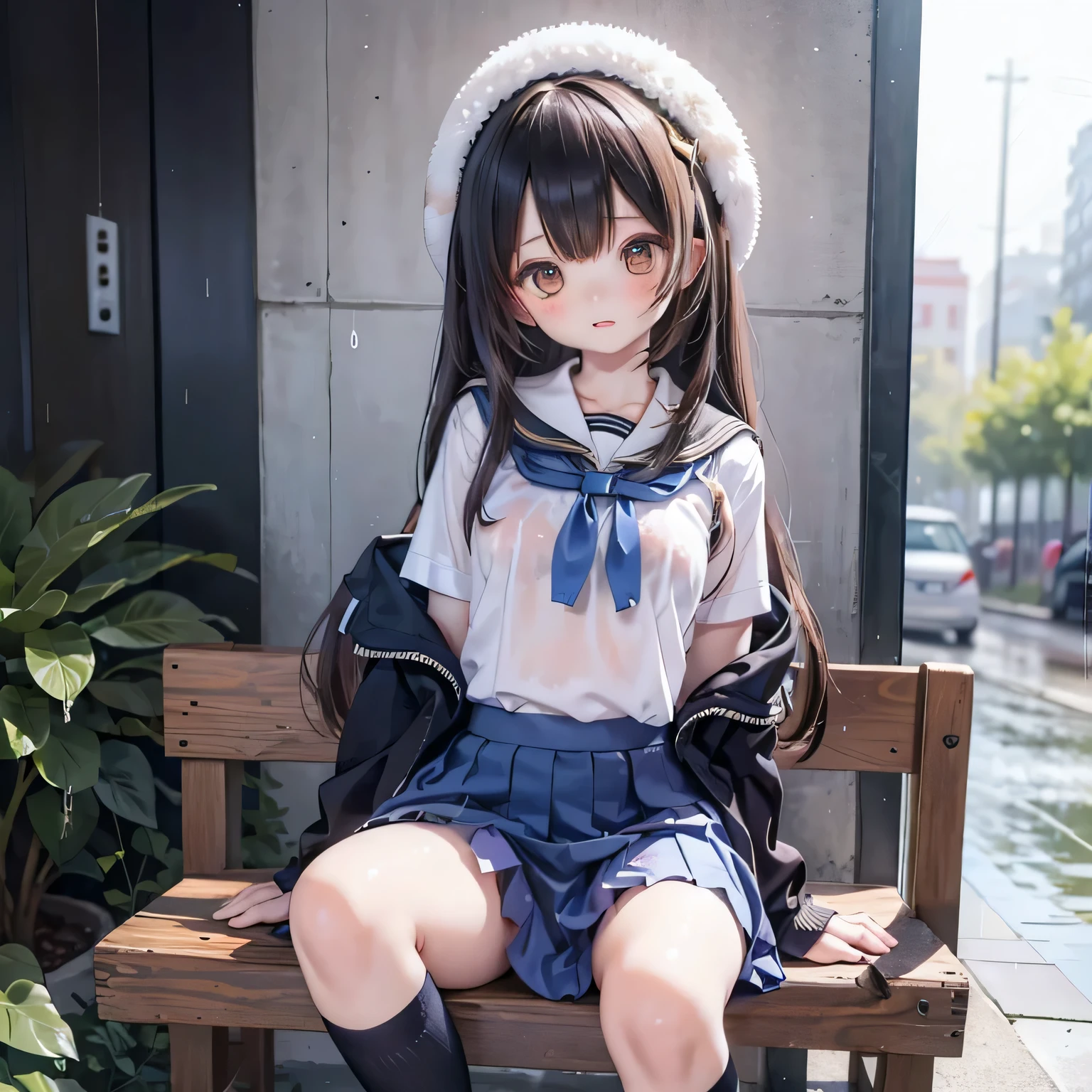 、Jewel-like eyes、Purple Eyes、full body、smile、Long black hair、(White collared shirt)+(Blue checkered pleated skirt)