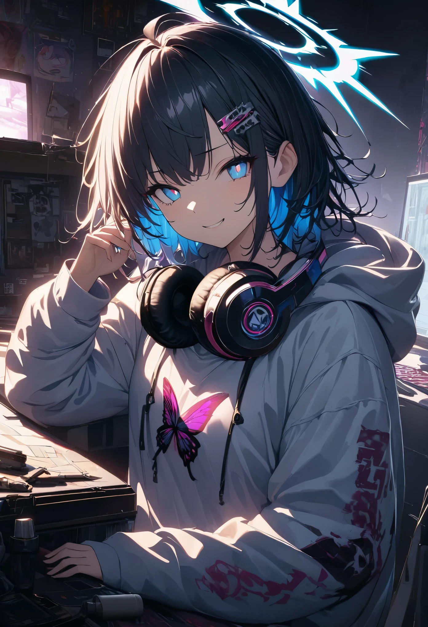 1 girl in, Girl sitting, Wear a hood with bear ears, Hooded hoodie, (Wearing headphones around your neck:1.3), head phone, kawaii, Holding the console with both hands, from the front side, inside in room, There is a study desk and dresser behind the bed.., top-quality, masutepiece, high-level image quality, (2Book Legs:1.2)