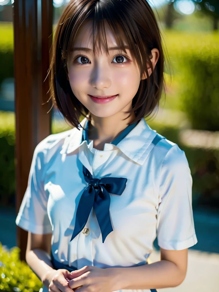 ((white short sleeve blouse、ultra mini pleated skirt、dark blue)), ((red tie))、 ((black boots))、((whole body esbion))、((side shot))、((、small and flat chest))、Beautiful girl with realistic black eyes, white skin, medium length black hair, perfect face, perfect eyes, very detailed, comprehensive movie, digital painting, 8K, cinematic lighting, highest quality, High resolution, detailed work, Post-processing, perfect results, surreal、Little dance、Frolic、My heart is excited