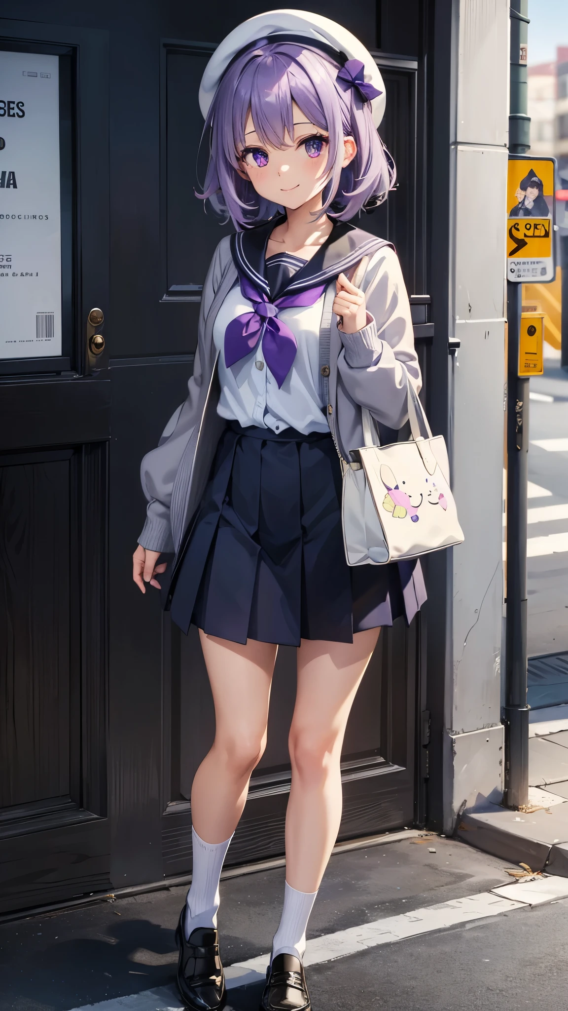 This female character has short, wavy lavender hair., Wearing a sailor style hat. has purple eyes, Have a confident smile. She is wearing a sailor-style outfit with black and white and a gray cardigan., She is wearing white socks that reach her calves and cute black shoes.. She is striking a cool pose with a cute rabbit doll bag as an accessory, carried on her hips.. In the background is written in beautiful cursive &#39;PLAN.There is B SongBam&#39;.
