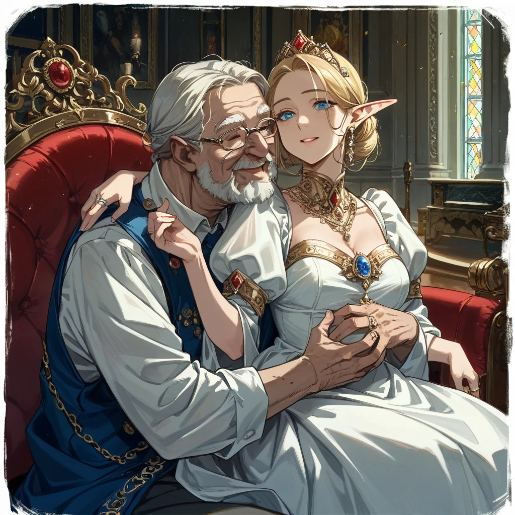 ((Best Quality)), ((masterpiece)), (detailed), （Perfect Face）、The woman is holding a baby、The woman was Seras Ashlain, a blonde high elf queen wearing a gorgeous royal white dress, adorned with gorgeous jewelry and an engagement ring.、On a large, luxurious sofa, a woman and an elderly man are embracing each other, embracing each other as they make love.、The old man is the king、The woman is holding a baby