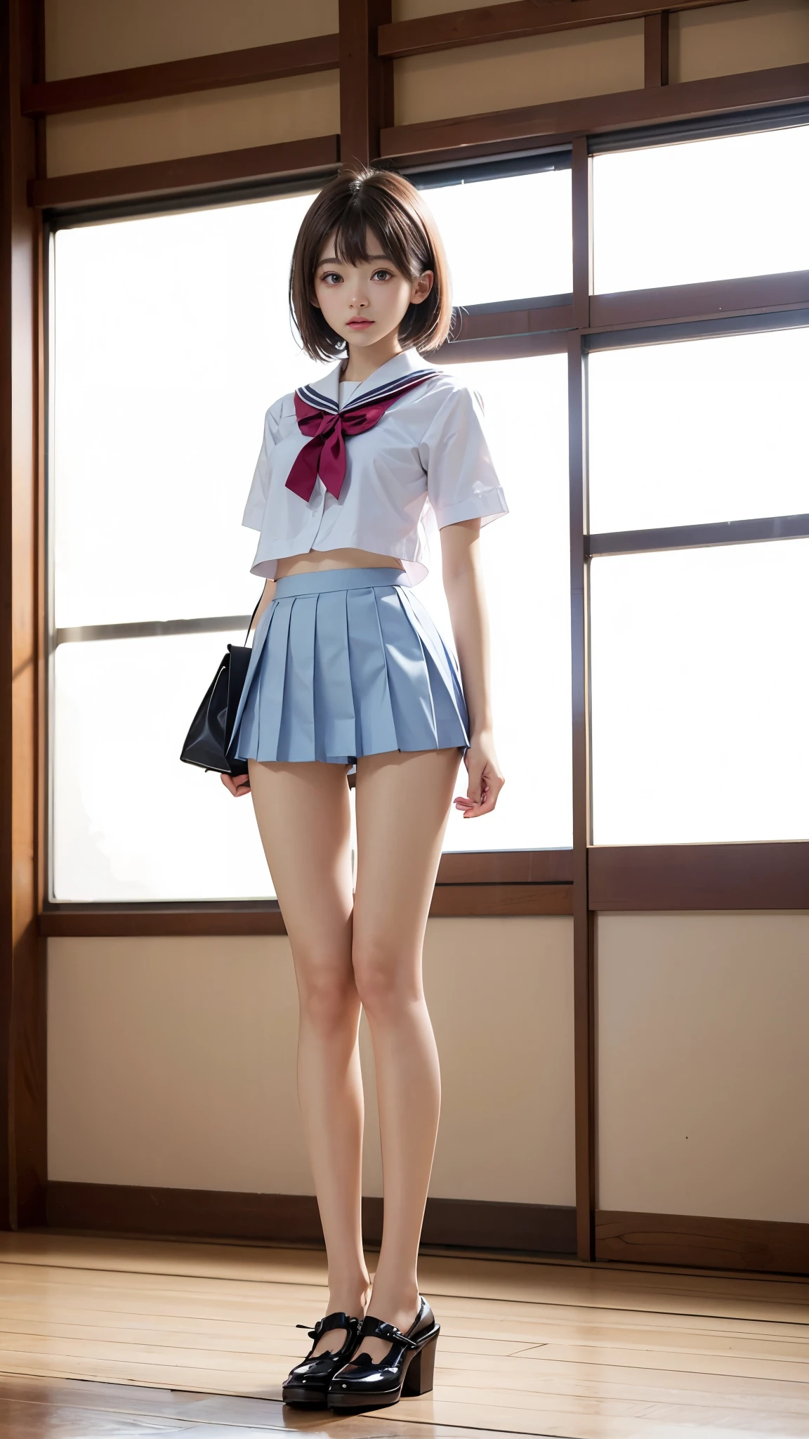 Highest quality、masterpiece、8K、Very detailed、Realistic、(Young face:1.2)、(Looks like an elementary school ???:1.2)、One person、whole body、(Big Breasts)、Thin and beautiful legs、Tight and slim waist、Tight shirt、mini skirt、Short Hair