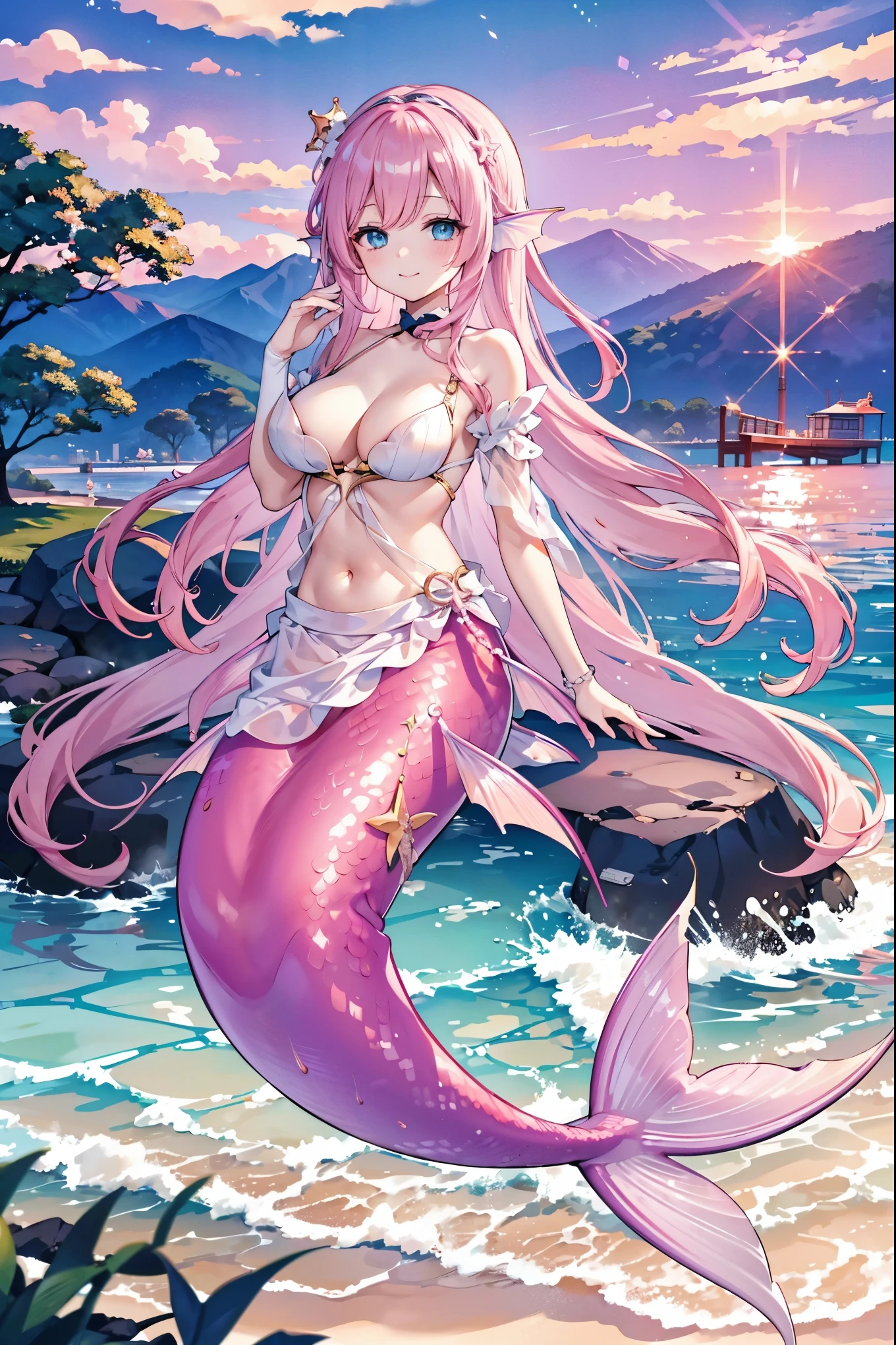 (masterpiece, Best quality),A girl,Pink Hair,Hair accessories,White Dress,Blue Eyes,Head fin,Unique,Large Breasts,Mermaid,粉红色的Mermaid尾巴,Full body shot,beach,Sea view,Night view,charming脸(Kawaii, charming,Soft),Smile