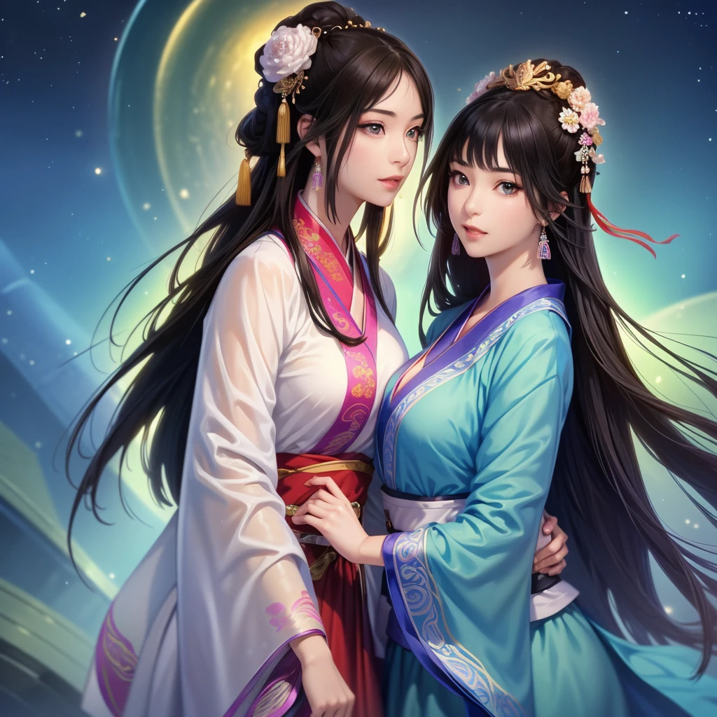 Starry sky scenery、meteor、Outdoor、 Han Dynasty Landscape Painting、Three Kingdoms、(Highest quality,4K,8K,high resolution,masterpiece:1.2)、Very detailed, high resolution,、Ultra HD、Studio Lighting、Ultra-fine painting、 Clear focus、 Physically Based Rendering、 Very detailed説明、 Professional、 Vibrant colors、Traditional Chinese painting techniques、 Atmospheric lighting、 Sharp color contrast、 Ethereal atmosphere、Very detailed目と顔、 Attention to detail、 There is light on the face、Hanfuを着た少女、(Hanfu: 1.1)、Eyes are green、(((1 girl)))、Huge breasts