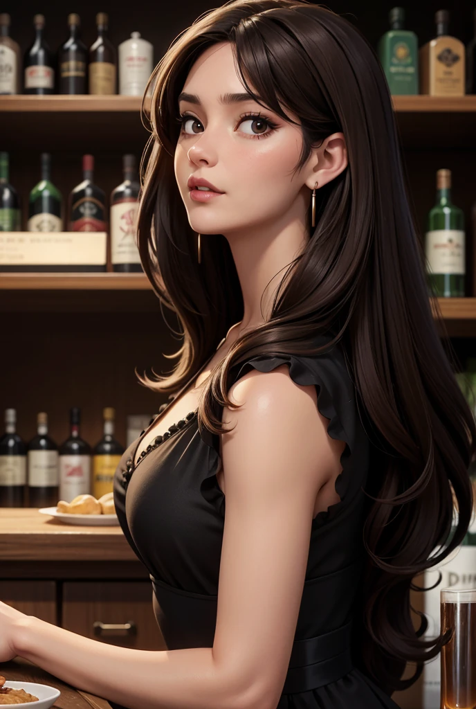 Italian girl with long curly brown hair, elegant dress sitting at a bar eating, angular face