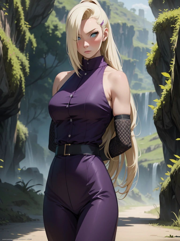 {-erro_de_anatomia:1.0} estilo anime, Masterpiece, absurdities, Yamanaka Ino\(Naruto\), 1girl Solo, woman, Perfect composition, Detailed lips, Beautiful face, body proportion, Blush, Long blonde hair, blue eyes, purple blouse, purple pant, Soft gauze, Super realistic, Detailed, photo shoot, Realistic faces and bodies, masterpiece, best quality, best illustration, hyper detailed, 1 woman, solo, glamorous, blushing, upper body, fighting, on nature, look at the view, dimanic poses,bound, bondage, (arms behind back:1.4), bdsm, tape gag, tape, tape bondage, restrained, best anatomy, tape wrapped