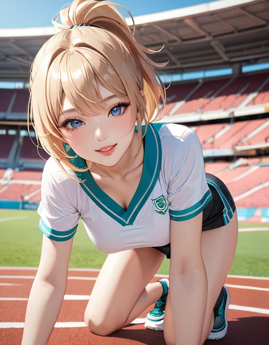 (masterpiece, highest quality, ultra A HD), Japanese woman, stadium background, outdoor exposure, (((very beautiful 20-year-old pervert girl))), cute girl, shiny, silky blonde hair ((short ponytail)), super cute face, shining beautiful lips, double eyelids, natural smile, natural makeup, long eyelashes, perfect limbs, perfect anatomy, ((white cheerleader uniform and sheer thong underwear)), (sweat) wet pussy), beautiful breasts, on all fours, looking back), suddenly the woman shows off her beautiful anus, pussy juice and labia minora are visible, ((from behind)), ((from behind)).