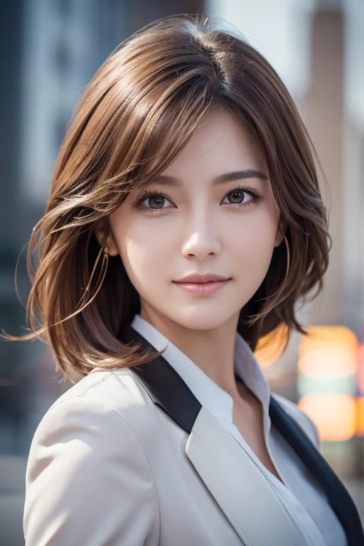 Tabletop, Highest quality, Realistic, Very detailed, High resolution, 8k wallpaper, One beautiful woman, (Look forward and look at the camera), Light brown short hair, symmetrical hair, Wear a black business suit, Sharp focus, Perfect dynamic composition, Beautiful and detailed, Thinning hair, Detailed Realistic skin texture, smile, Model body type, Shapely breasts
