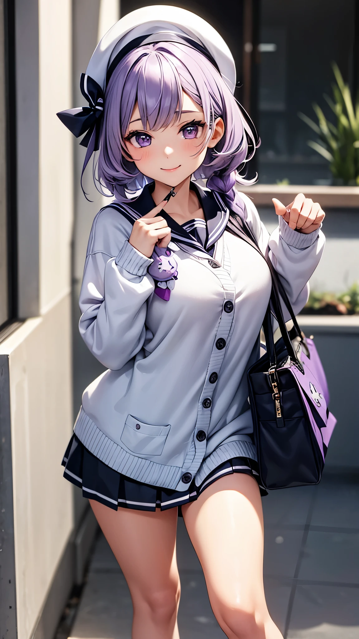 This female character has short, wavy lavender hair., Wearing a sailor style hat. has purple eyes, Have a confident smile. She is wearing a sailor-style outfit with black and white and a gray cardigan., She is wearing white socks that reach her calves and cute black shoes.. She is striking a cool pose with a cute rabbit doll bag as an accessory, carried on her hips.. In the background is written in beautiful cursive &#39;PLAN.There is B SongBam&#39;.
