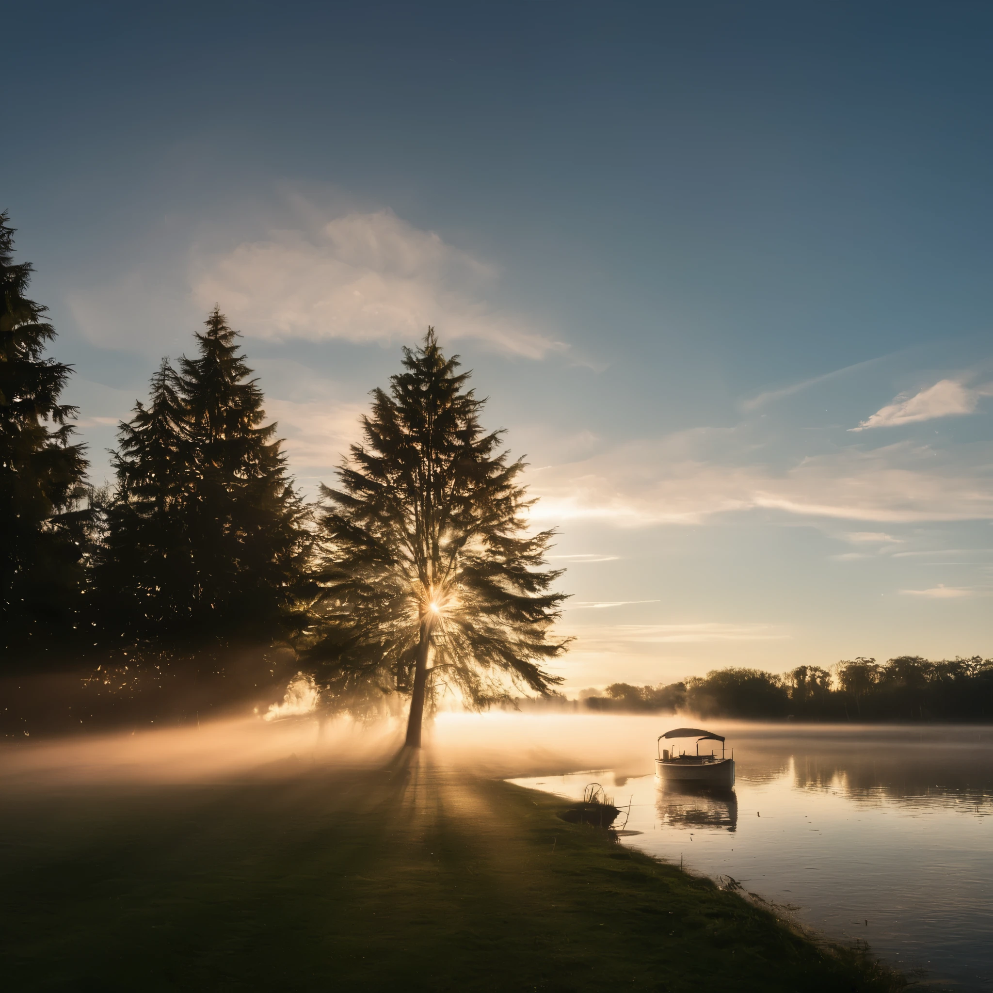 cinematic film still of  Volumetric Lighting style
a lake with a boat in it and sun shining through the Trees,outdoor,Sky,water,Tree,No humans,Sunlight,Grass,nature,landscape,reflection,Sunset,Light , Volumetric Lighting, Haze lights, Fog lights, beam, Ray Light, god Ray Light, beam, Axis Light, Twilight Light, Shallow depth of field, Vignette, Very detailed, High Budget, Bokeh, Widescreen movies, Moody, epic, Gorgeous, Film Grain, Granular