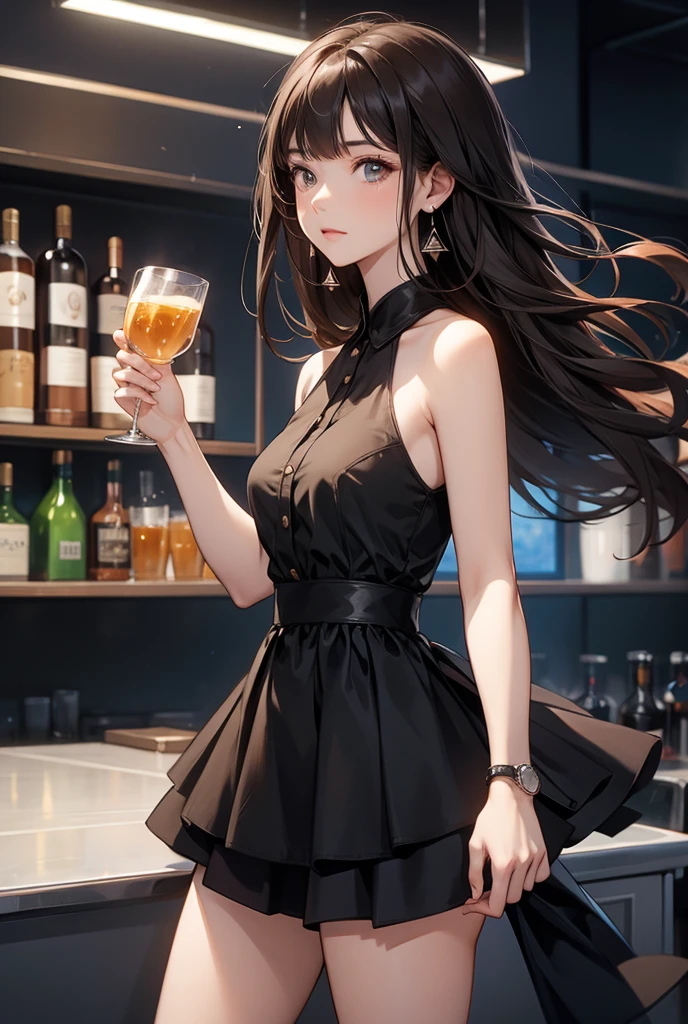 a woman with long brown hair, green eyes is sitting on the date with a drink in her hand. black short minidress