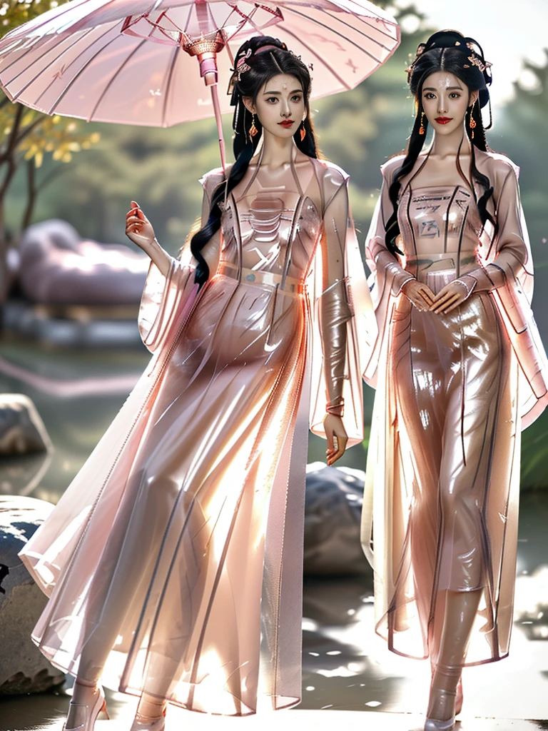 一个有着美丽脸庞的Sexy中国华裔女孩, Wearing avant-garde transparent fabric Hanfu, (((Light theme, Expose the subject, Sexy主题)))
(((Heavy rain, Uninhabited deep forest, Underground hot spring, Lush huge plants))),
((8K Ultra HD, 8K, Ultra-high resolution, Best quality, Super Fine, Clear focus. Masterpieces, complete pattern, Ultra HD, Detailed photos, Best image quality，Ultra-clear，Delicate facial features，Well-defined, Highly rated works, Close-up depth of field photography, Above the knee)), 
((Creating the image of a real girl), Realistic shadows, Soft lighting, Dynamic Angle, Dynamic poses, Elegant Posture, Cowboy lens, Full body front view, Be confident, Facing the camera, Eyes looking towards camera lens, Standing posture, Open your legs slightly, Golden Ratio Graphics, Minimalism, Center the character), 
( Smile, Sexy的, Balanced Eyes, Realistic eyes, Beautiful details of the eyes,Pretty Face, (Realistic face), Normal facial features, Realistic skin, Pay attention to skin details, Skin is clean and radiant, Whitening, Anatomically correct body, Golden ratio figure, Sexy的身材), 
(Perfect makeup, Gloves, earrings, bracelet, necklace, Jewelry, Hair accessories, shawl, sock, Knee socks, 吊garter, Leg ring, garter, 腿部garter), 
((beautiful hair), Dark black hair, Wavy curly hairstyle, Waist-length hair, Messy Hairstyle, Gradient hairstyles, Cyberpunk Hairstyle, High double ponytail hairstyle), 
((Transparent clothes: 1.5), (Revealing clothes: 1.5),  (Wet clothes:1.0), (Color of clothes: Pink), Wearing transparent clothing, (((Transparent pink mesh Hanfu))), (((Transparent pink mesh tube top))), (((Transparent pink mesh tube top))),), 
(Sexy的, Perfect breast shape, Teardrop chest shape, Snow-white breasts, Very detailed breasts, 36B cups), 
(Super high waist, Deep V, Low-cut, Sexy, Flattering, Open crotch, (Clear camel toe, (High fork strangulation))),
(((Clear outline, Clear underwear, 透明Sexy的穿着)))