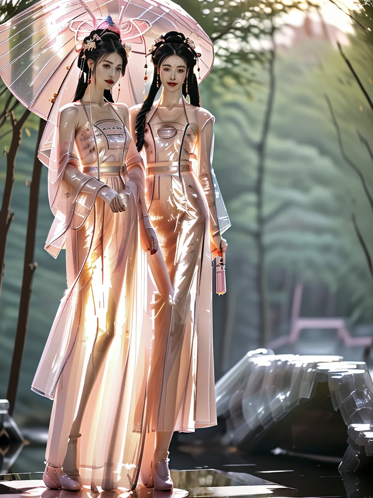 一个有着美丽脸庞的Sexy中国华裔女孩, Wearing avant-garde transparent fabric Hanfu, (((Light theme, Expose the subject, Sexy主题)))
(((Heavy rain, Uninhabited deep forest, Underground hot spring, Lush huge plants))),
((8K Ultra HD, 8K, Ultra-high resolution, Best quality, Super Fine, Clear focus. Masterpieces, complete pattern, Ultra HD, Detailed photos, Best image quality，Ultra-clear，Delicate facial features，Well-defined, Highly rated works, Close-up depth of field photography, Above the knee)), 
((Creating the image of a real girl), Realistic shadows, Soft lighting, Dynamic Angle, Dynamic poses, Elegant Posture, Cowboy lens, Full body front view, Be confident, Facing the camera, Eyes looking towards camera lens, Standing posture, Open your legs slightly, Golden Ratio Graphics, Minimalism, Center the character), 
( Smile, Sexy的, Balanced Eyes, Realistic eyes, Beautiful details of the eyes,Pretty Face, (Realistic face), Normal facial features, Realistic skin, Pay attention to skin details, Skin is clean and radiant, Whitening, Anatomically correct body, Golden ratio figure, Sexy的身材), 
(Perfect makeup, Gloves, earrings, bracelet, necklace, Jewelry, Hair accessories, shawl, sock, Knee socks, 吊garter, Leg ring, garter, 腿部garter), 
((beautiful hair), Dark black hair, Wavy curly hairstyle, Waist-length hair, Messy Hairstyle, Gradient hairstyles, Cyberpunk Hairstyle, High double ponytail hairstyle), 
((Transparent clothes: 1.5), (Revealing clothes: 1.5),  (Wet clothes:1.0), (Color of clothes: Pink), Wearing transparent clothing, (((Transparent pink mesh Hanfu))), (((Transparent pink mesh tube top))), (((Transparent pink mesh tube top))),), 
(Sexy的, Perfect breast shape, Teardrop chest shape, Snow-white breasts, Very detailed breasts, 36B cups), 
(Super high waist, Deep V, Low-cut, Sexy, Flattering, Open crotch, (Clear camel toe, (High fork strangulation))),
(((Clear outline, Clear underwear, 透明Sexy的穿着)))