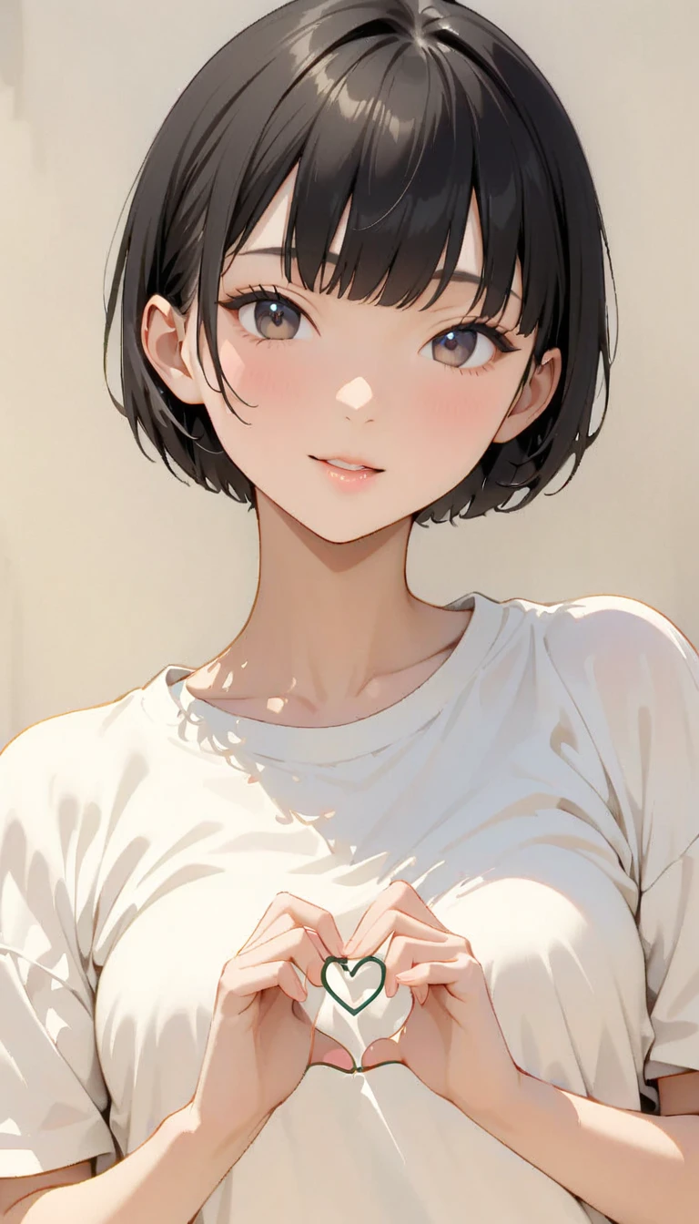 (Best Quality:1.2, Very detailed, Latest, Vibrant, masterpiece:1.2,Best aesthetics), Monochrome Girl, Make a heart shape with your fingers, Making a heart symbol with hands, ((Front close-up shot:1.4)), Bobcut, ((Retro Vintage, Plain background, Monochrome Art, Anime character line drawing)),