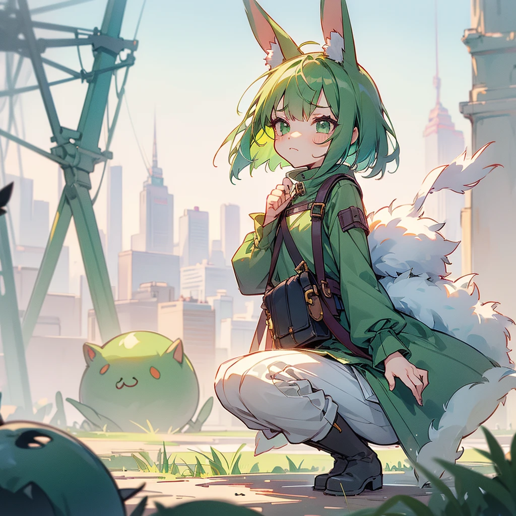 (long Green rabbit ears), green animal ears, (1 girl), green hair, green eyes, bob cut, thin eyebrows, frowning, flushed, sad, grumpy, shy, young, alone, Lolita, , child, shoverall, coat, long boots, red hood, wide pants, harness, fingerless globe, belt, waist pouch, in the city, tiny, baby facastel  cel anime, Solo, crouching