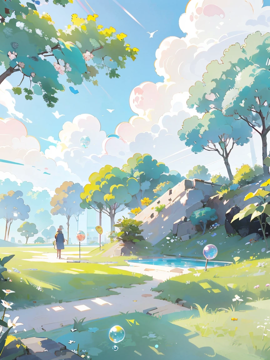 anime background, Ghibli background style, Cute illustration, soft light, [cream, Giorgio Morandi Colors, thick line graph], Full-color illustration, Picnic in the forest, cover illustration, scenery，Extremely ridiculous, Rainbow Soap Bubbles, pastel clouds, Sunlight, fairy tale world