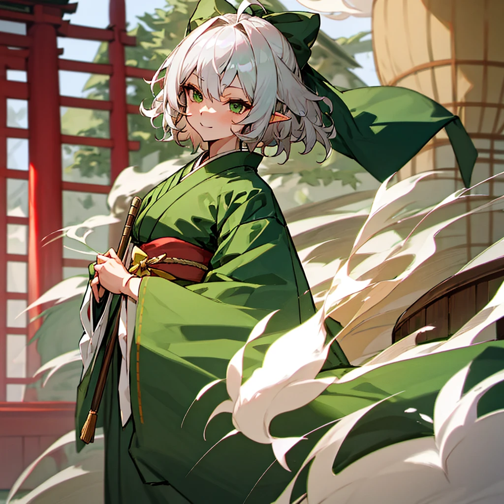 elf, female, silver hair,short hair, medium cut, ahoge, curly hair, green eyes,slender, fair skin, japanese female kimono,  hair Green bow, cool mild Smile, japanese Hotel, japanese doorman, annoyance