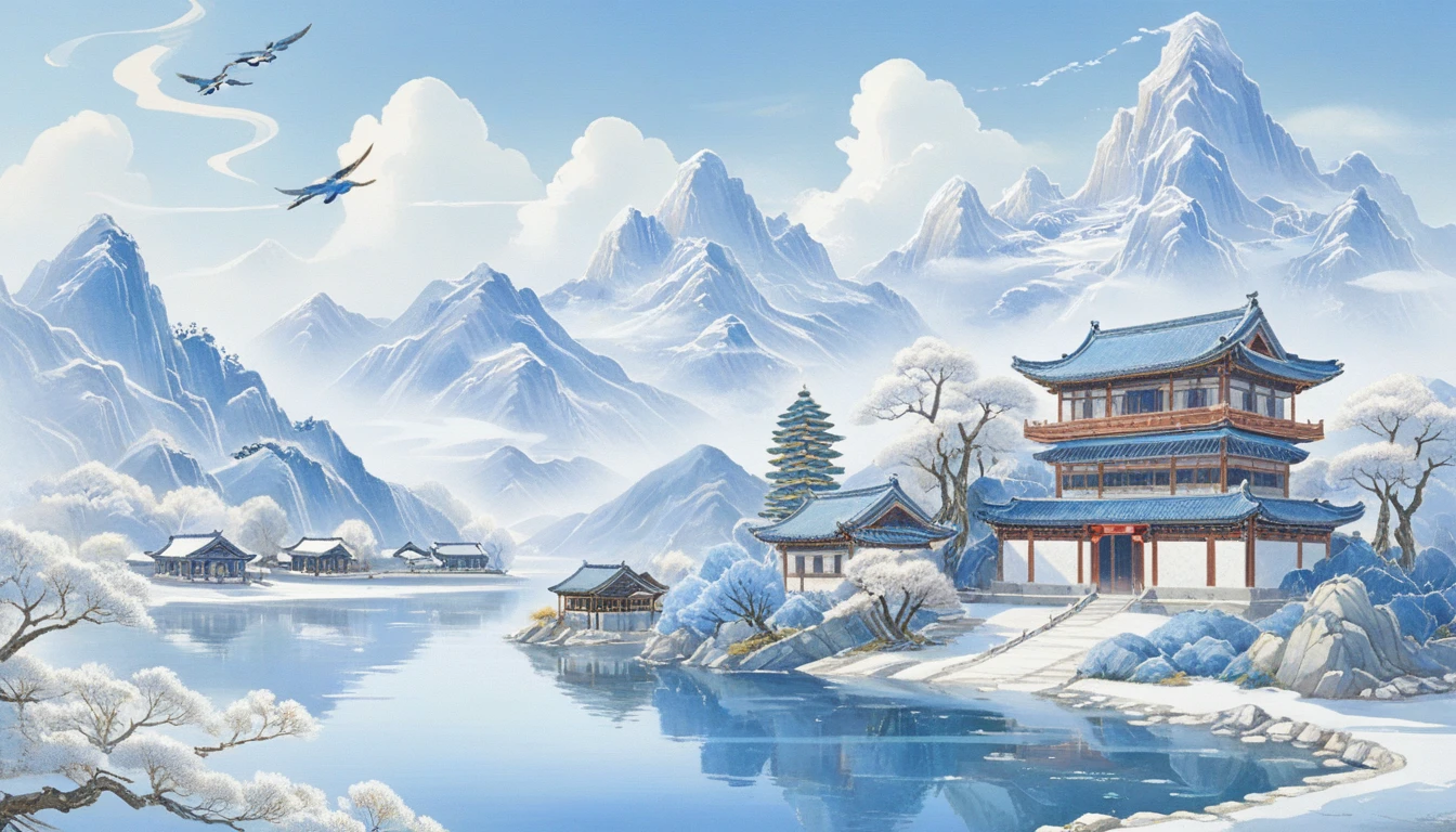 Winter city scene，Realism，Mountain，Tree，Ancient buildings。Lake embellishment。The overall color is blue。