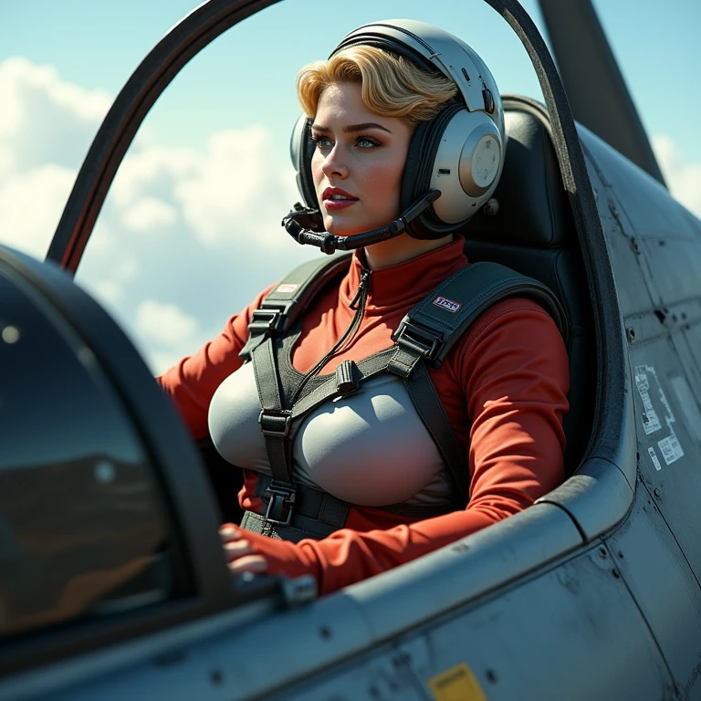 Ellie, alone, 40-year-old woman, white headphones, centre-parting straight shoulder-length bob, fair-skinned, bottle-blonde hair, blue eyes, wearing white transparent safety goggles, pilot, metallic white highneck catsuit with red gloves and red collar, red belt, normal breasts, slim body, neutral facial expression, sitting slightly-side-on, both arms slightly-outstretched, facing camera, in spaceship cockpit with window showing sky, sitting on black pilot chair, upper body photo, hyperdetailed photography