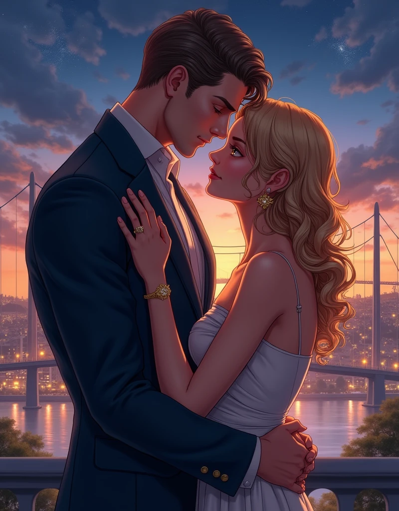 Compose an image that captures the essence of the love story portrayed by Emma Stone and Ryan Gosling in 'La La Land.' Show them embracing in a passionate and heartfelt moment amidst a breathtaking futuristic metropolis. The city should have sleek, modern architecture, flying vehicles, and glowing pathways, creating a dreamy and futuristic atmosphere that complements their deep connection --auto --s2