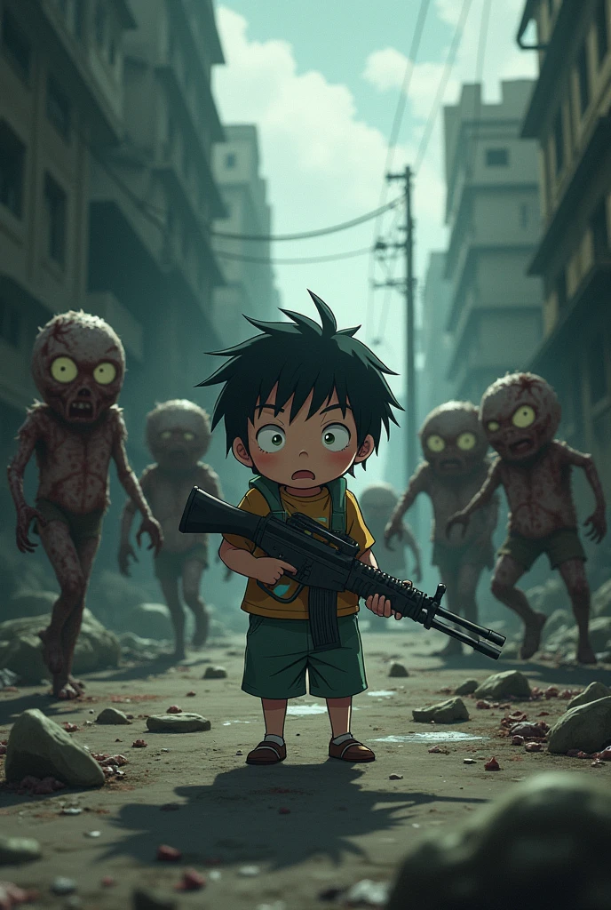 A young boy fights against anime zombies