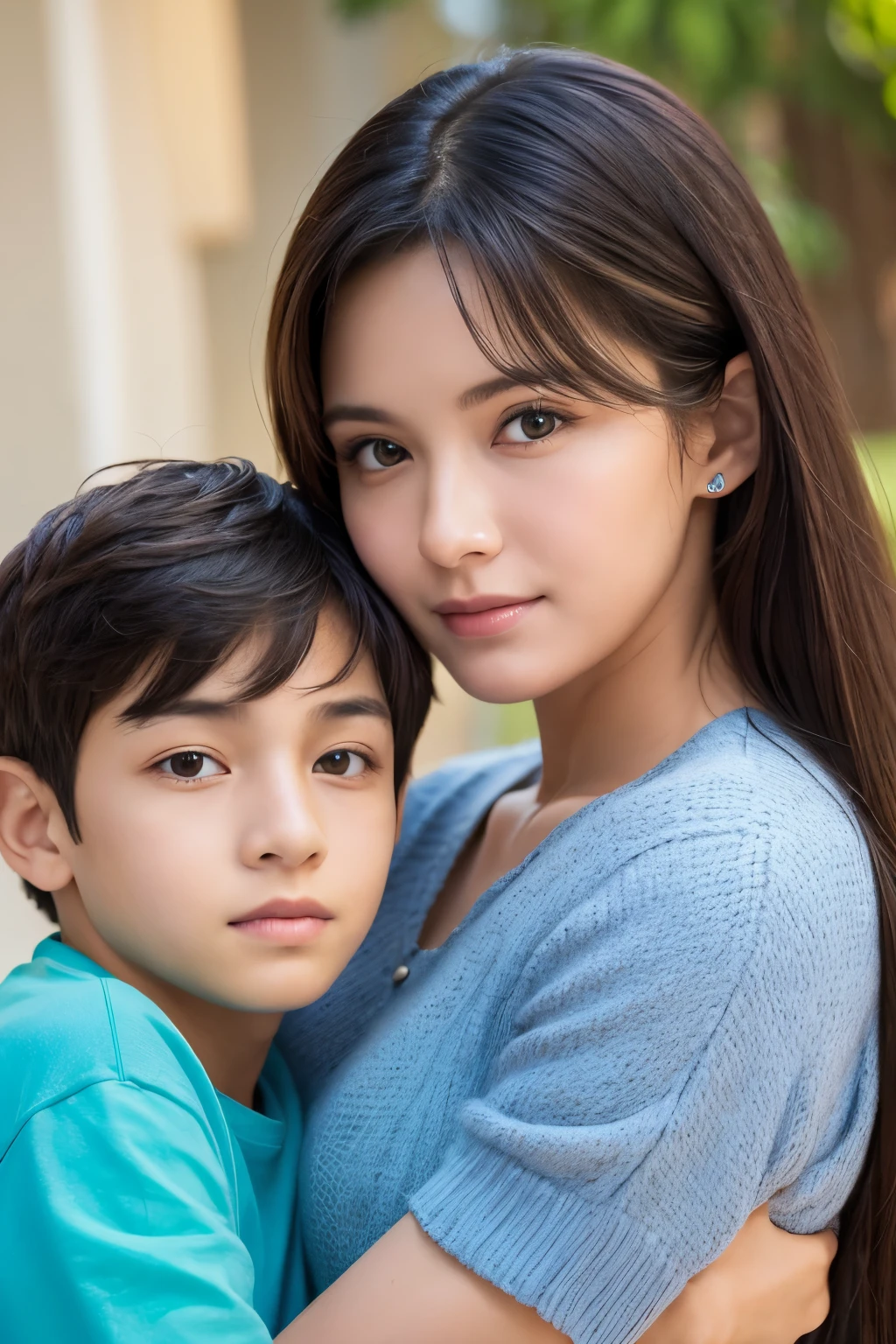 (nsfw:-2), (realistic, photo-realistic), (masterpiece, best quality), RAW photo, high resolution, intricate details, looking at viewer, couple, (1boy,shota,son:1.5), (1mom, a Japanese mature woman, wearing a sleeveless sweater, sexy body), (mom and son hugging each other:1.5), (seducing her son in a sexy atmosphere), (huge breasts, softly squashed breasts, squishy breasts), (detailed face, detailed eyes, sophisticated nose), fine-textured skin,pale skin, shiny skin, sweaty, smile, photo background, indoors, home, children's room,,,[Norika Fujiwara]