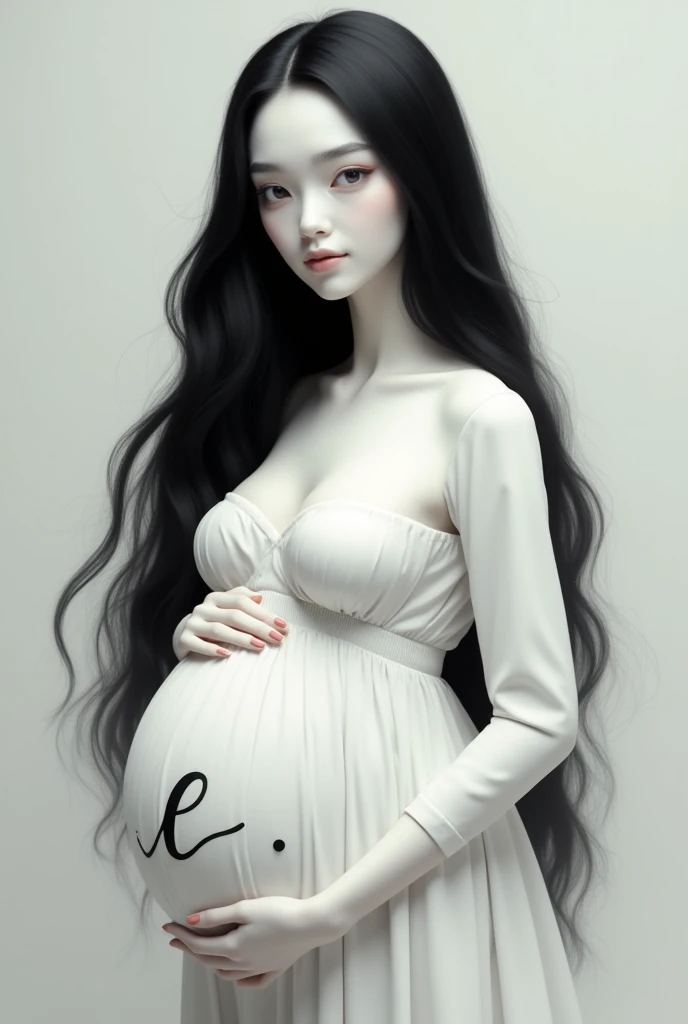 pale white skinned woman, pregnant wearing a black miniskirt, 1.50 medium height plump, big thick legs, long straight black hair 