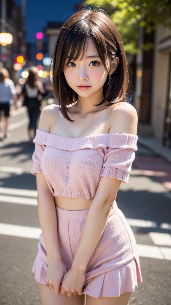 Beautiful girl wearing a pink summer knit、japanes、terraces、sixteen years old、Spinning、hair clips、denim short pants、A dark-haired、