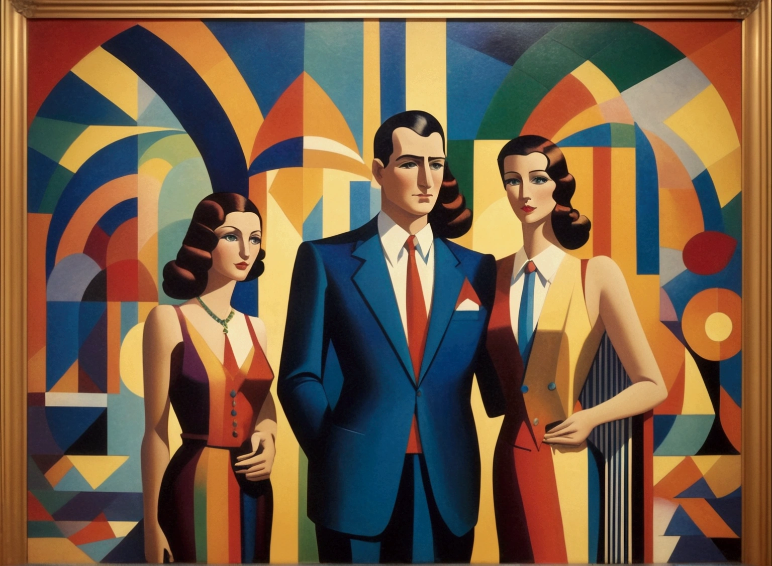 painting of a man and woman in a suit and tie standing next to each other, art deco painting, georgy kurasov, 8 0 s art deco, laurent durieux, mark kostabi, an art deco painting, art deco illustration, modern art deco, by Conroy Maddox, by Wilhelm Sasnal,