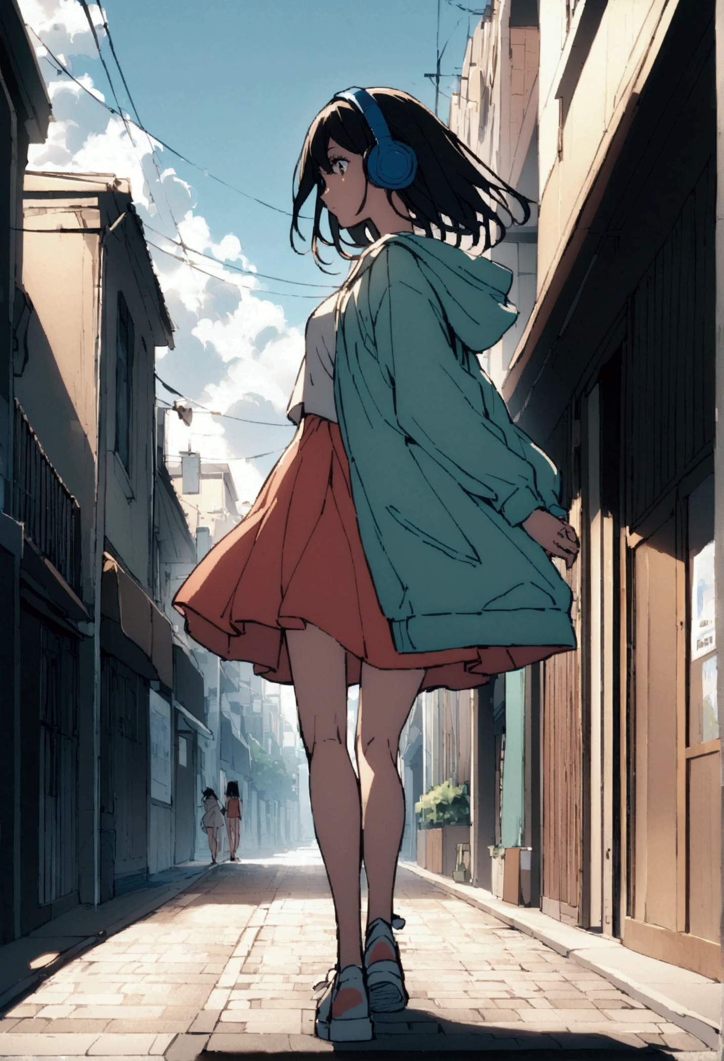 A girl with short black hair wearing headphones walking down the street、Side view of the street、A side view of the girl positioned to the right、Looking at the camera、whole body、Vision、Summer Hoodie、Summer Skirt、