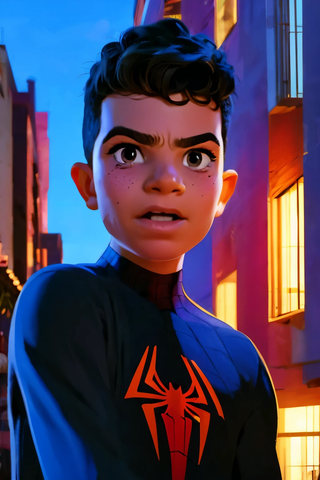 Close-up face, Thoe, ((a boy, ***)), Marvel Comic Panel Drawing: A boy with black eyes, in Dynamic pose, short black hair , over The building under The moonlight, spiderman suit in a city with a fixed gaze 