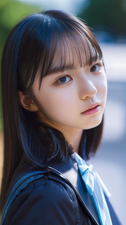 (masterpiece:1.33、32k、High resolution、Natural light color gradation、Realistic lighting、Soft Light:1.0、Ray Tracing Technology:1.22、Backlight、Fine shading、Three-dimensional effect of the face、Film Grain Effect:1.1、Fine details、natural、Delicate light and shadow、Sharp details、Highest quality realistic textures:1.22、Smooth, glowing skin、Delicately expressing pores and fine hairs:1.33)、A natural pale pink complexion on the cheeks、Black straight hair、Shoulder length、Bangs reach the eyebrows、Each and every hair is drawn in detail、Has a natural shine、Shines where light hits、Big brown eyes、The iris pattern is depicted in detail.、The pupil is clearly visible in the center、The light from the window reflects in your eyes、The reflection of light gives the eyes a little sparkle、Thin blood vessels are visible in the whites of the eyes around the pupils.、Adding Realism、Each long eyelash is carefully drawn.、Naturally shaped eyebrows、The flow of hair is clearly visible、With a bright smile、I can see my pure white teeth、Lips are naturally pink、Realistic expression of texture and gloss、There is a slight shadow on the edge of the lips、It has a three-dimensional effect、Subtle light reflections are drawn on the surface of the teeth.、Gums are a healthy pink color、Smooth jaw and beautiful face line、There is a slight shadow under the chin、The boundary with the neck is drawn naturally.、The fine muscle lines are visible on the neck.、Healthy impression、White blouse and navy blue sailor suit、The uniform has a neatly tied red ribbon on the collar.、The texture and wrinkles of the clothing fibers are depicted in detail. Gorgeous lipstick, lipsicle pink