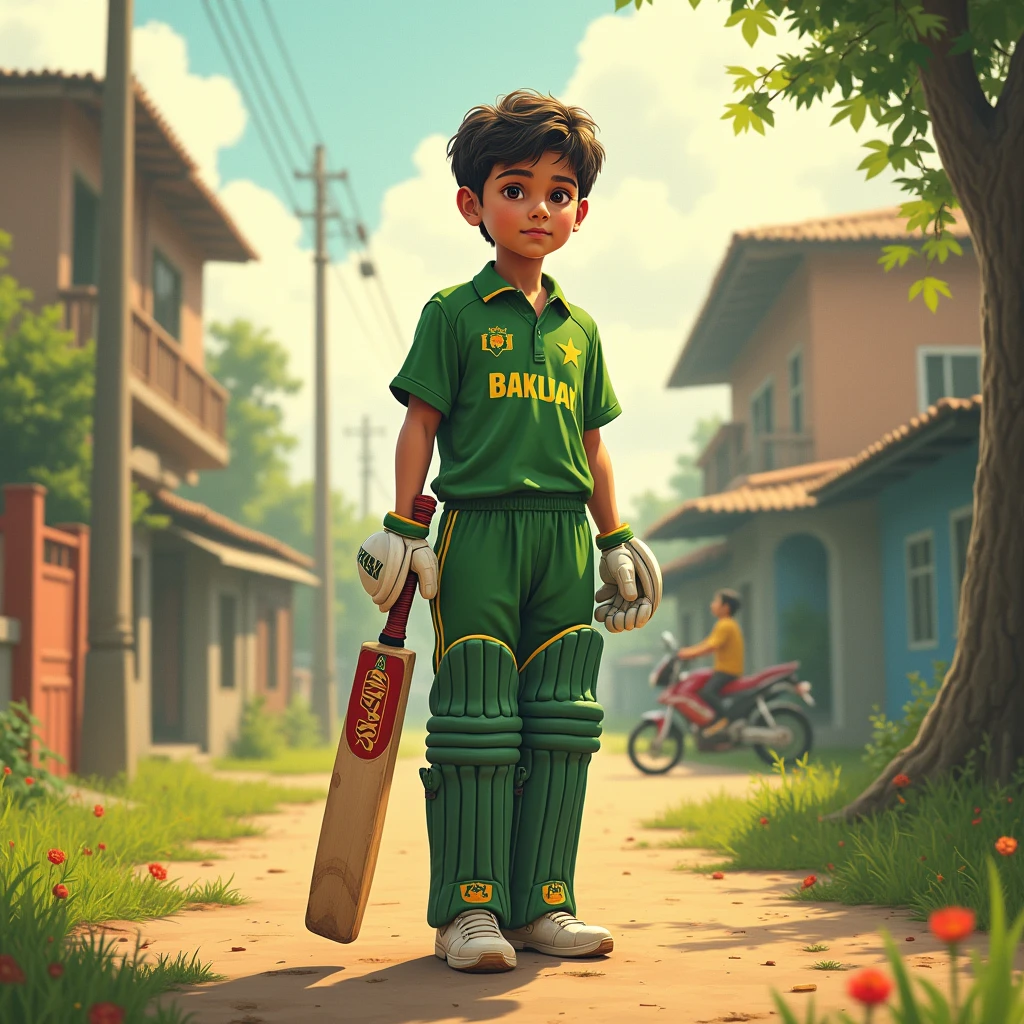 A person worn Pakistan T-shirt with name Shahid of Pakistan green T-shirt and with uperr sitting on green car and face 12 Year boy face forwarding 
