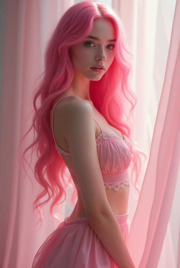 Pink hair, big tits, big ass, hatching (texture), close-up, caustics, f/2.8, Sony FE GM, overexposure, bokeh, high details, high quality, anatomically correct, accurate, masterpiece, retina