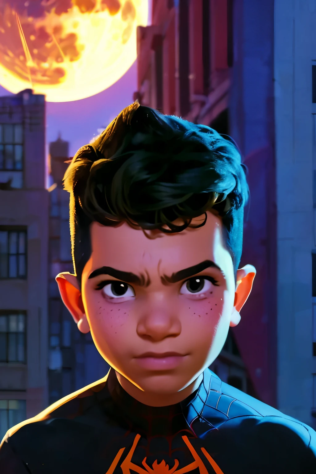 Close-up face, Thoe, ((a boy, ***)), Marvel Comic Panel Drawing: A boy with black eyes, in Dynamic pose, short black hair , over The building under The moonlight, spiderman suit in a city with a fixed gaze . ((Over a building, fullmoon background))