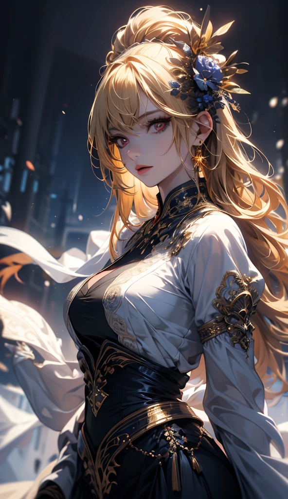 masterpiece, high quality, 4K, Beautiful design, silhouette,blonde, 非常に詳細な夜のStarry Sky,Flower Field, wonderful, Finer details, Very knowledgeable woman, Highly detailed solo, 1 female,Big Breasts,Tight Dress,Night view,Starry Sky,full moon,