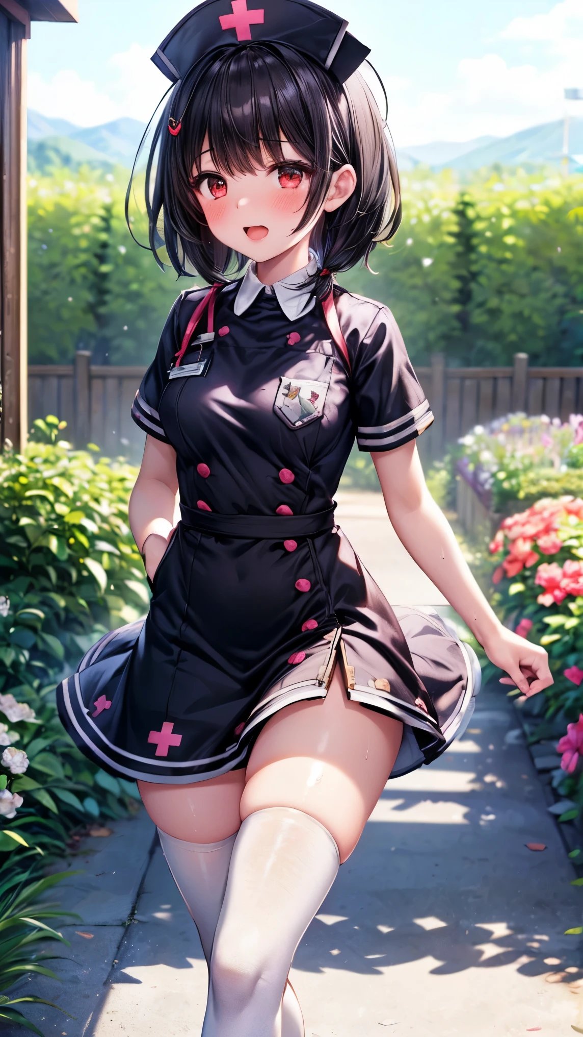 best quality,4k,8k,1girl,(small breasts,loli),orgasm,blush,sweat,vikalahu, black hair, hair ornament, ((nurse, nurse cap, breast pocket, collared dress, short dress, short sleeves, thighs, white dress, white headwear,thighhighs)),walking,garden