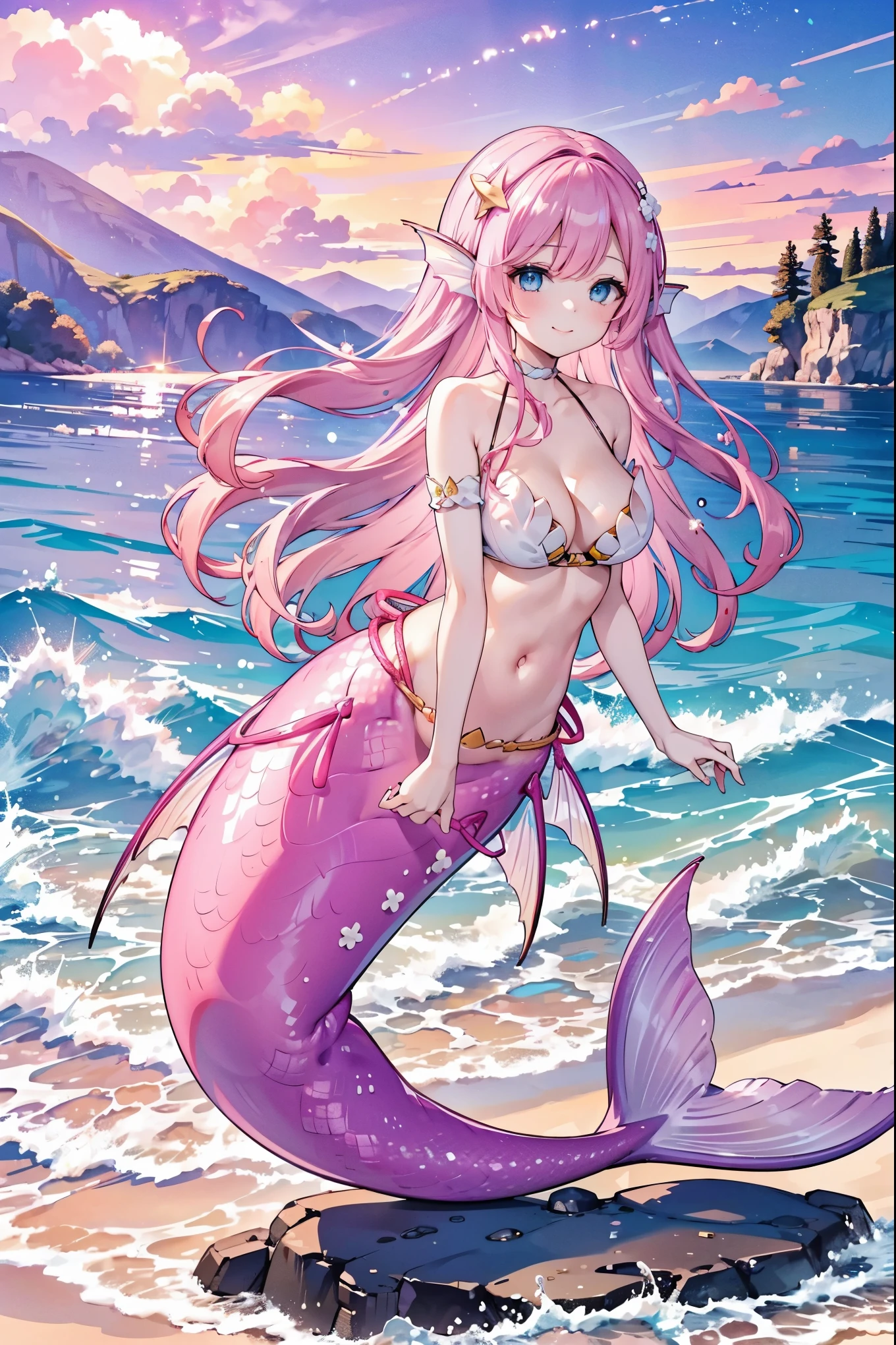 (masterpiece, Best quality),A girl,Pink Hair,Hair accessories,White Dress,Blue Eyes,Head fin,Unique,Large Breasts,Mermaid,粉红色的Mermaid尾巴,Full body shot,beach,Sea view,Night view,charming脸(Kawaii, charming,Soft),Smile