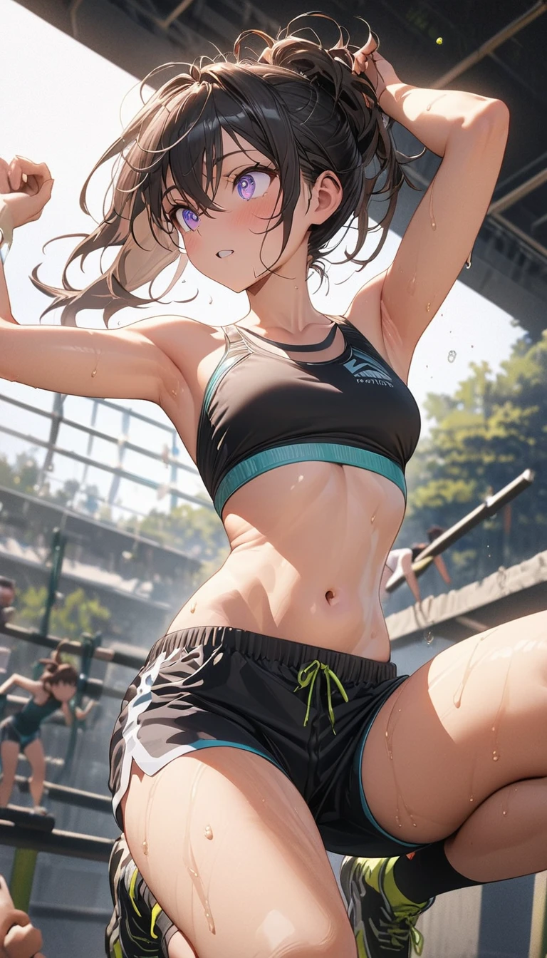 highest quality、cinematic lighting、girl pole vaulting、Blue sports bra and sports panties、small breasts、slender line、full of sweat、outdoor、arena、dripping sweat、painful face、