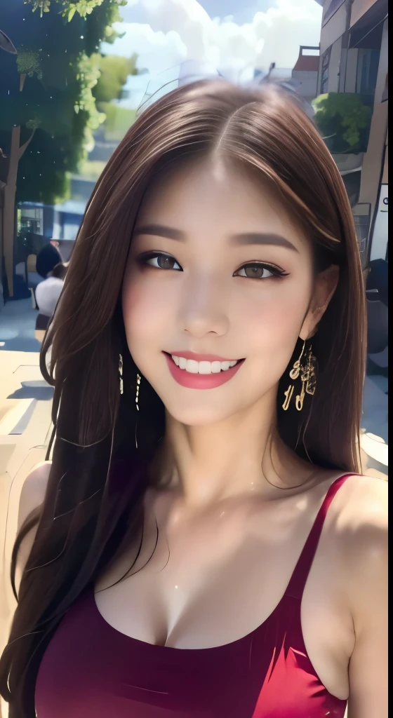 ((Best Quality, 8k, masterpiece :1.3)), 1 girl, smile, whole body, Slim face, Beautiful woman, (Dark Brown Hair), Red long dress :1.1, Highly detailed face, Beautiful Eyes, Double eyelids, Blurred Background, Slim face, city, outside, street,Big Breasts:1.2,175cm,